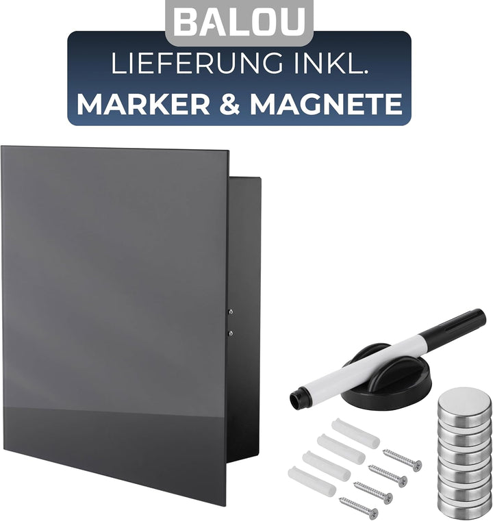 BALOU Schlüsselkasten modern mit Glas Magnettafel - Memoboard magnetisch mit 6 Magneten und Stift -