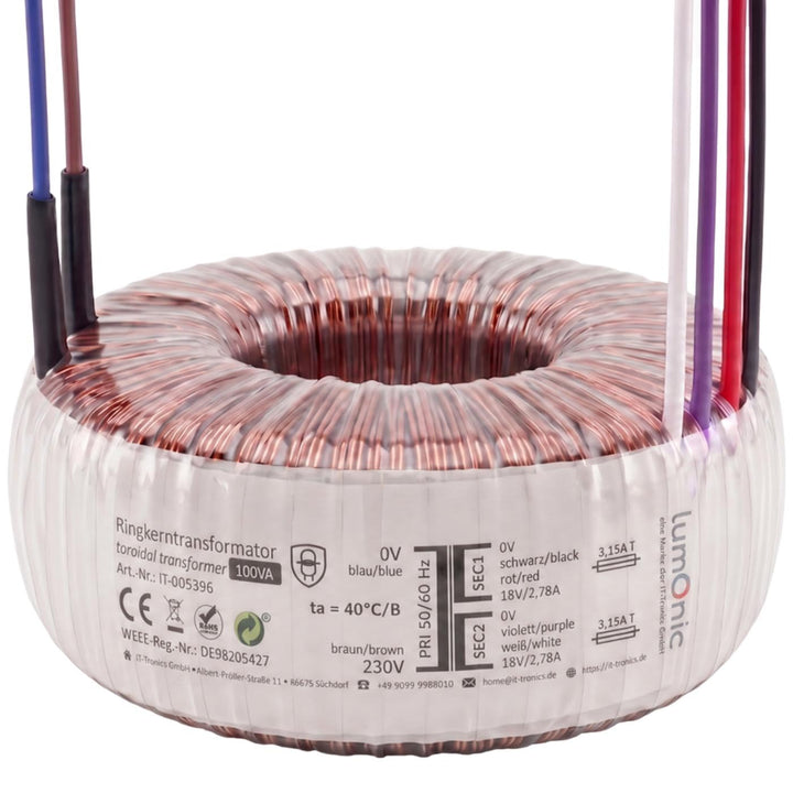 Sedlbauer Ringkerntrafo Transformator 100VA 2x18V für Audio, Industrie, Halogen und Schienensysteme