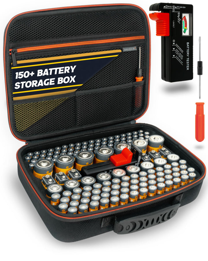 AKIELO+ Batterie Aufbewahrungsbox Mit Universalem Tester und Schraubendreher (Edition Max – Über 150