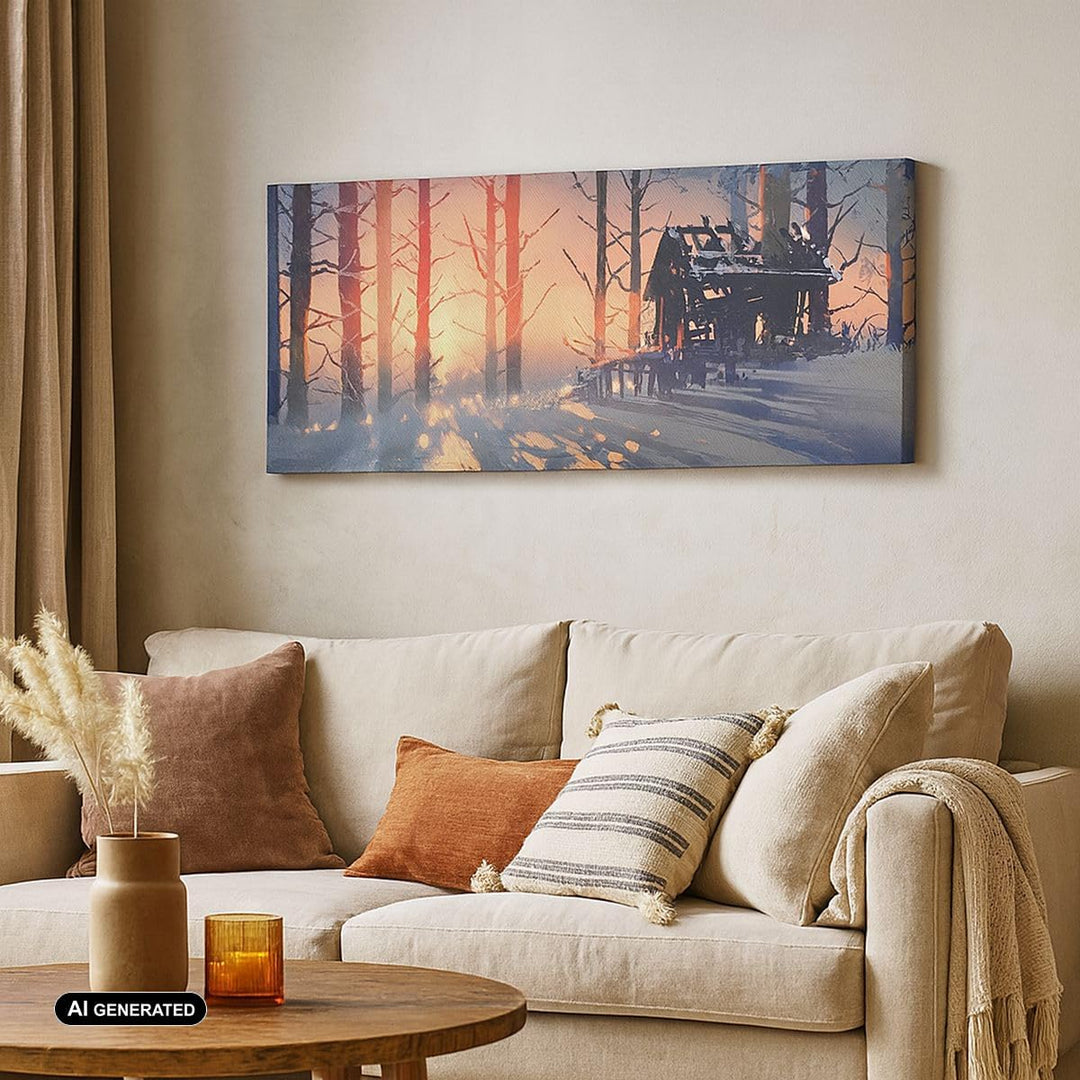 Panorama Bilder auf Leinwand Winter Wald Hütte Leinwandbild 90x30cm Wandbilder Dekoration Wohnzimmer