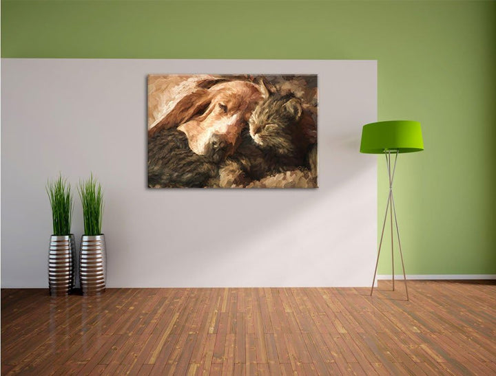 Pixxprint Katze und Hund kuschelnd Kunst als Leinwandbild | Grösse: 100x70 cm | Wandbild | Kunstdruc