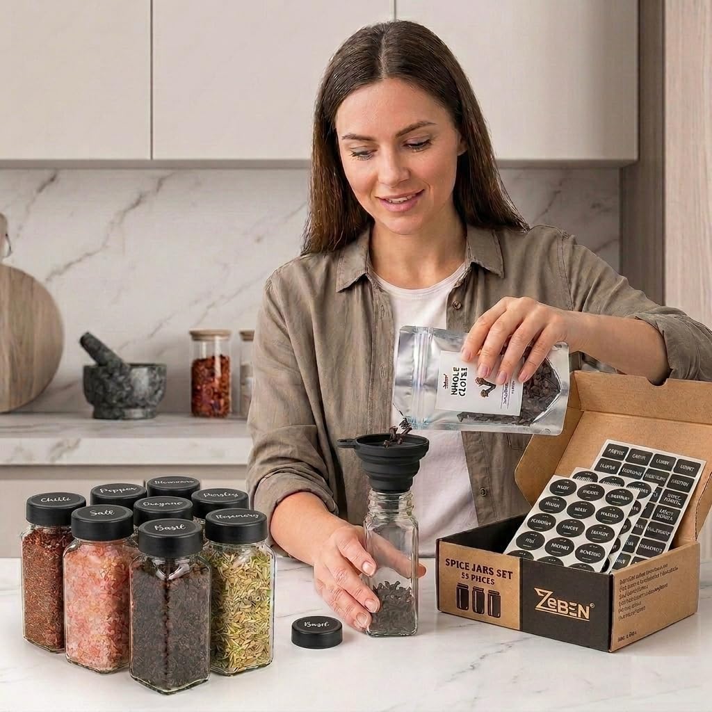 ZEBEN® Gewürzgläser 120ml Set 25 Stück mit Etiketten, Leere Gewürzdosen mit Deckel, Trichter & Reini