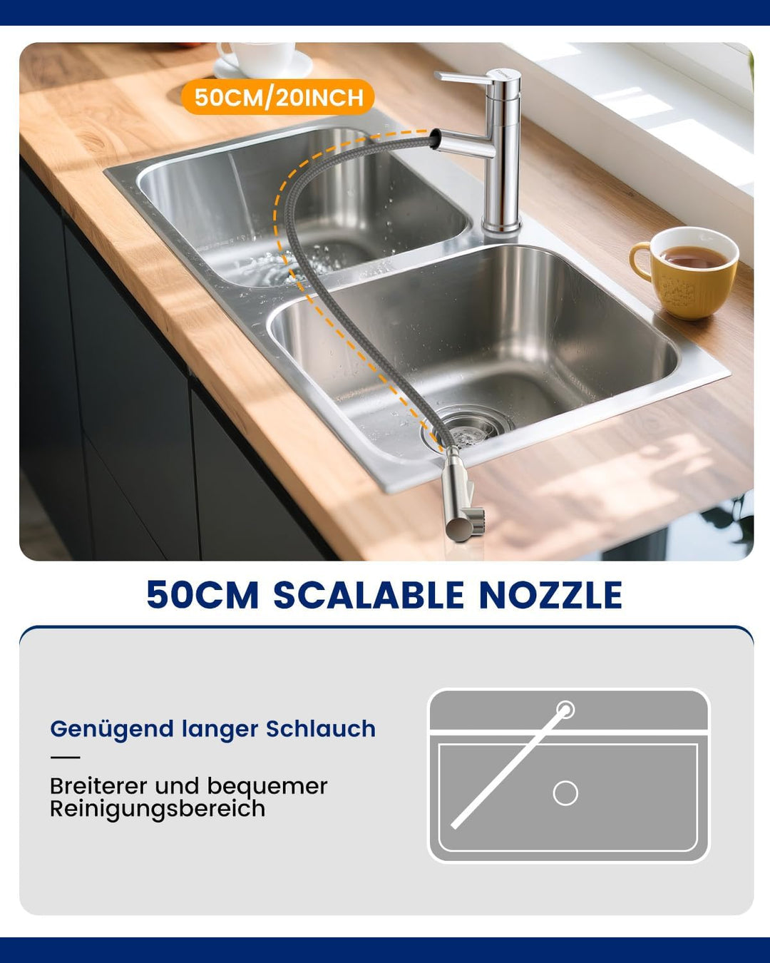 DAYONE Chrom Wasserhahn Küche, SUS304 Edelstahl Küchenarmatur mit Ausziehbarer Brause, 2 Strahlarten