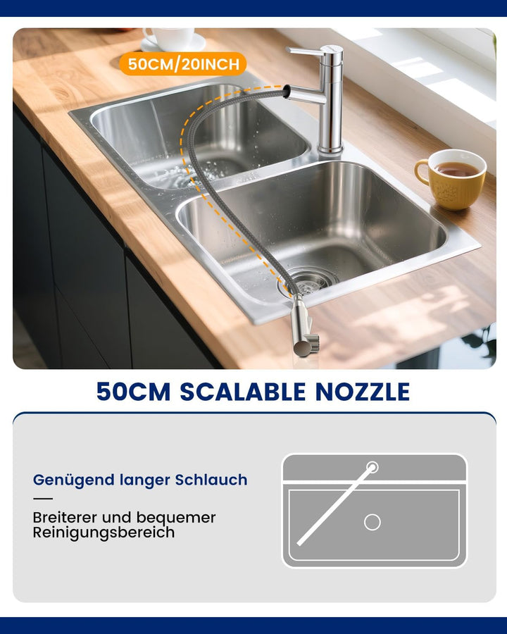 DAYONE Chrom Wasserhahn Küche, SUS304 Edelstahl Küchenarmatur mit Ausziehbarer Brause, 2 Strahlarten