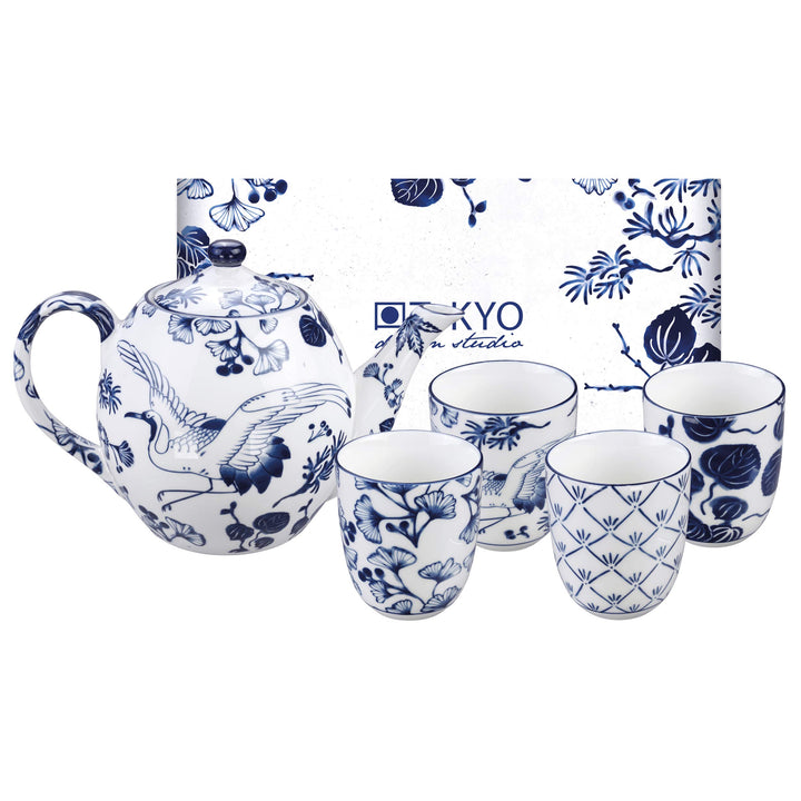 TOKYO design studio - 5-TLG. - Flora Japonica Tee-Set blau-weiss, 1x Tee-Kanne 1,25 l und 4X Tee-Tas
