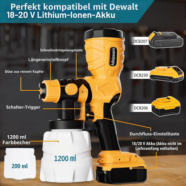 Adisipsoarin 18V Farbsprüher Hochgeschwindigkeit für Dewalt 18V Akku, 2 Behälter, leicht zu reinigen