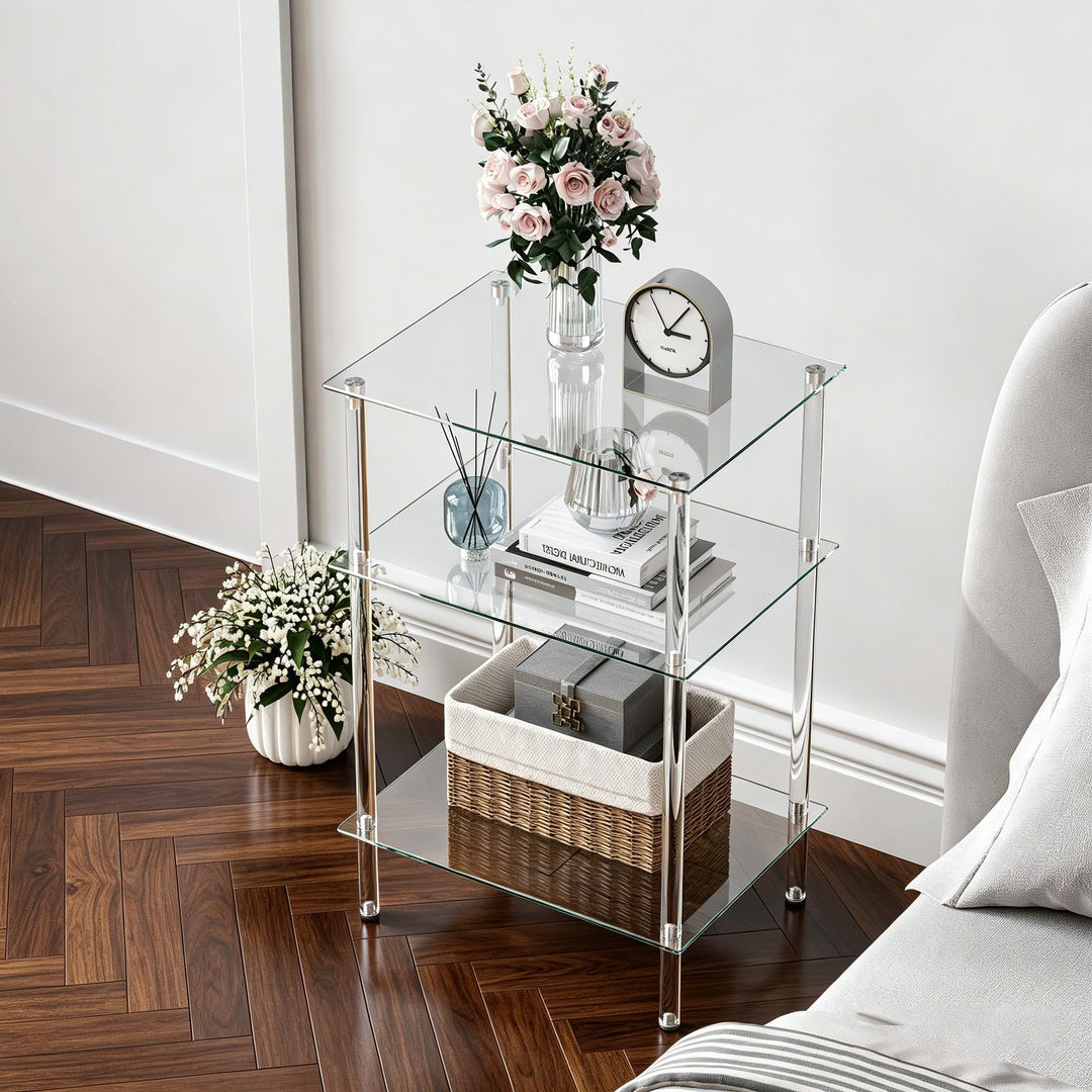 Moderner Beistelltisch Glas Eckig Transparenter Tisch mit 3 Ablagen Nachttisch Glastisch Side Table