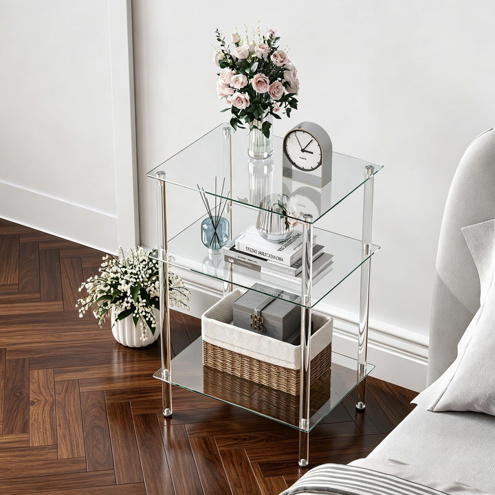 Moderner Beistelltisch Glas Eckig Transparenter Tisch mit 3 Ablagen Nachttisch Glastisch Side Table