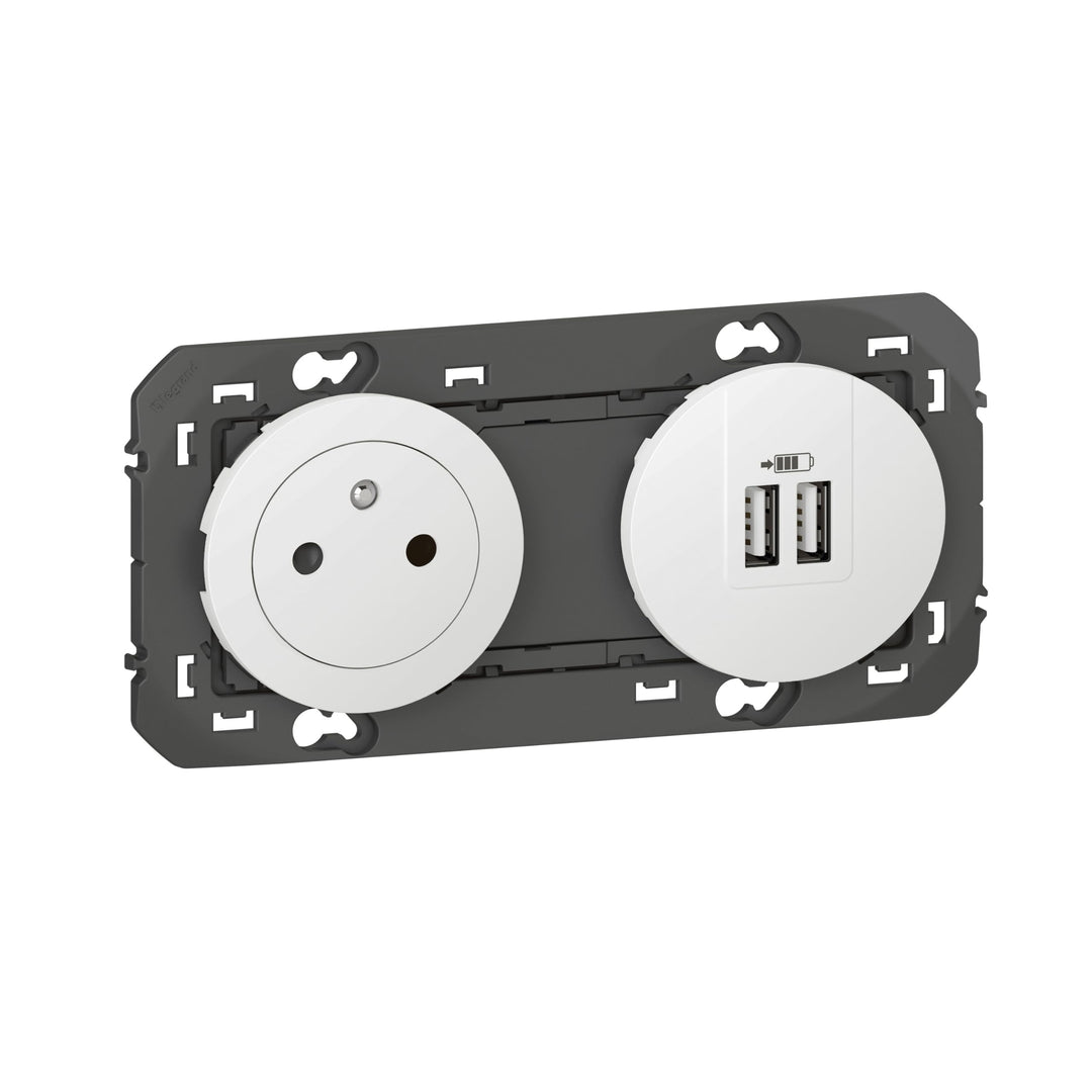 Steckdose 2P + T Surface + Ladegerät 2 USB Typ A DOOXIE 3A vorverdrahtet Weiss