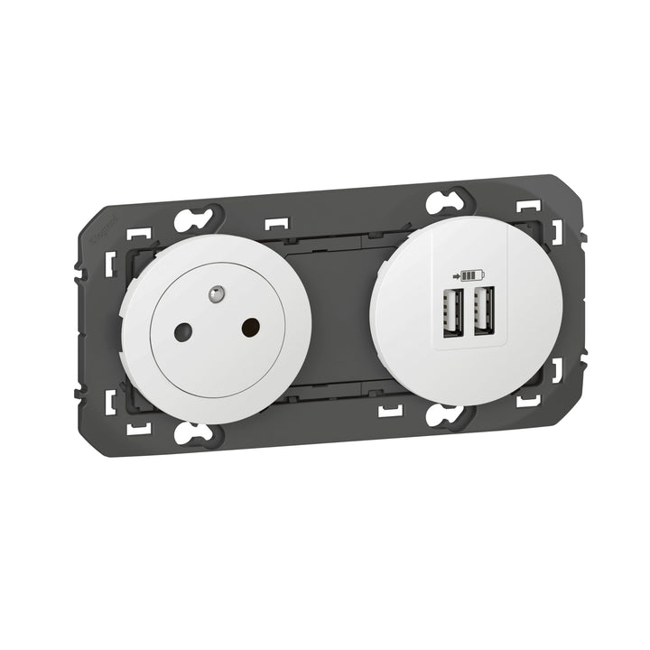 Steckdose 2P + T Surface + Ladegerät 2 USB Typ A DOOXIE 3A vorverdrahtet Weiss