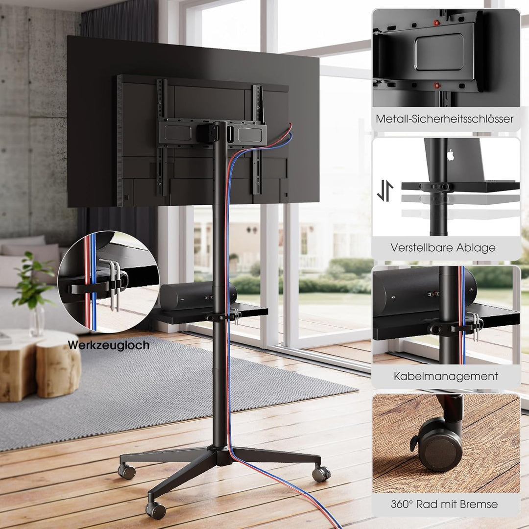 AOKCOS TV Bodenständer Rollbar mit Ablage, TV Ständer mit Rollen für 32-65 Zoll Fernseher bis 40 kg,