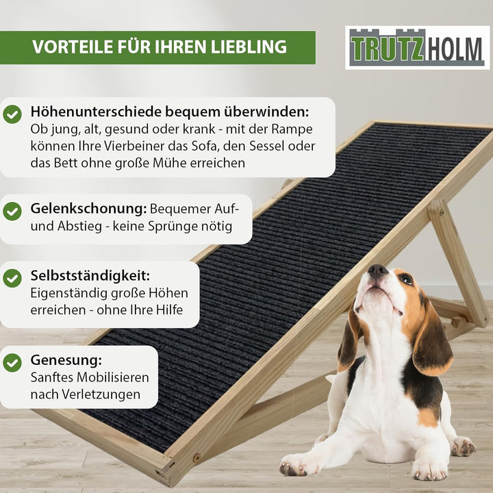 TRUTZHOLM Robuste Hunderampe aus Kiefernholz 104x35 cm höhenverstellbar 46/52/56 cm 35 kg Tragkraft