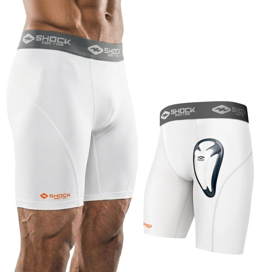 ShockDoctor Herren Tiefschutz Kompressions-Short mit Bioflex Cup S Weiss, S Weiss