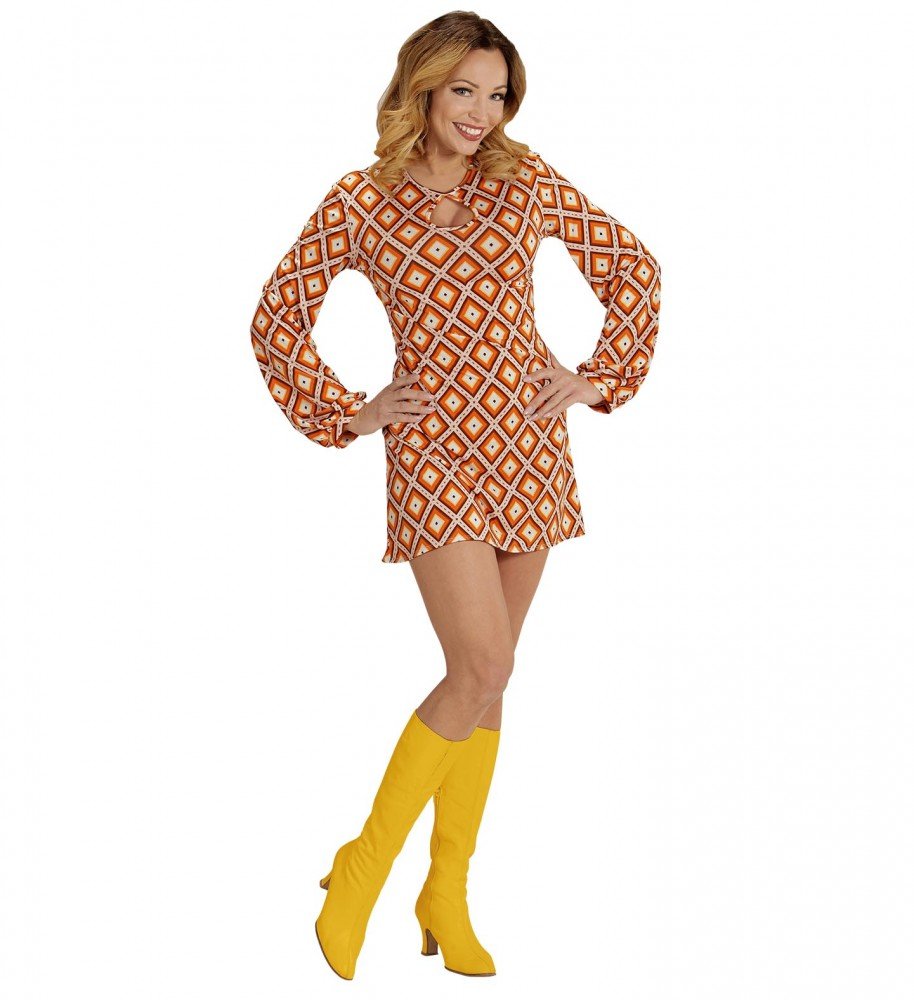 shoperama 70er Jahre Retro-KLEID mit Rhombus-Muster Orange Disco Damen-Kostüm Siebziger L Orange/Gel