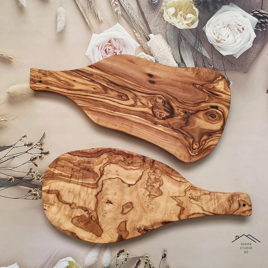 Servierbrett Schneidebrett RUSTIKAL aus Olivenholz – Handgefertigt, ca. 34 cm, mit Griff, natürlich
