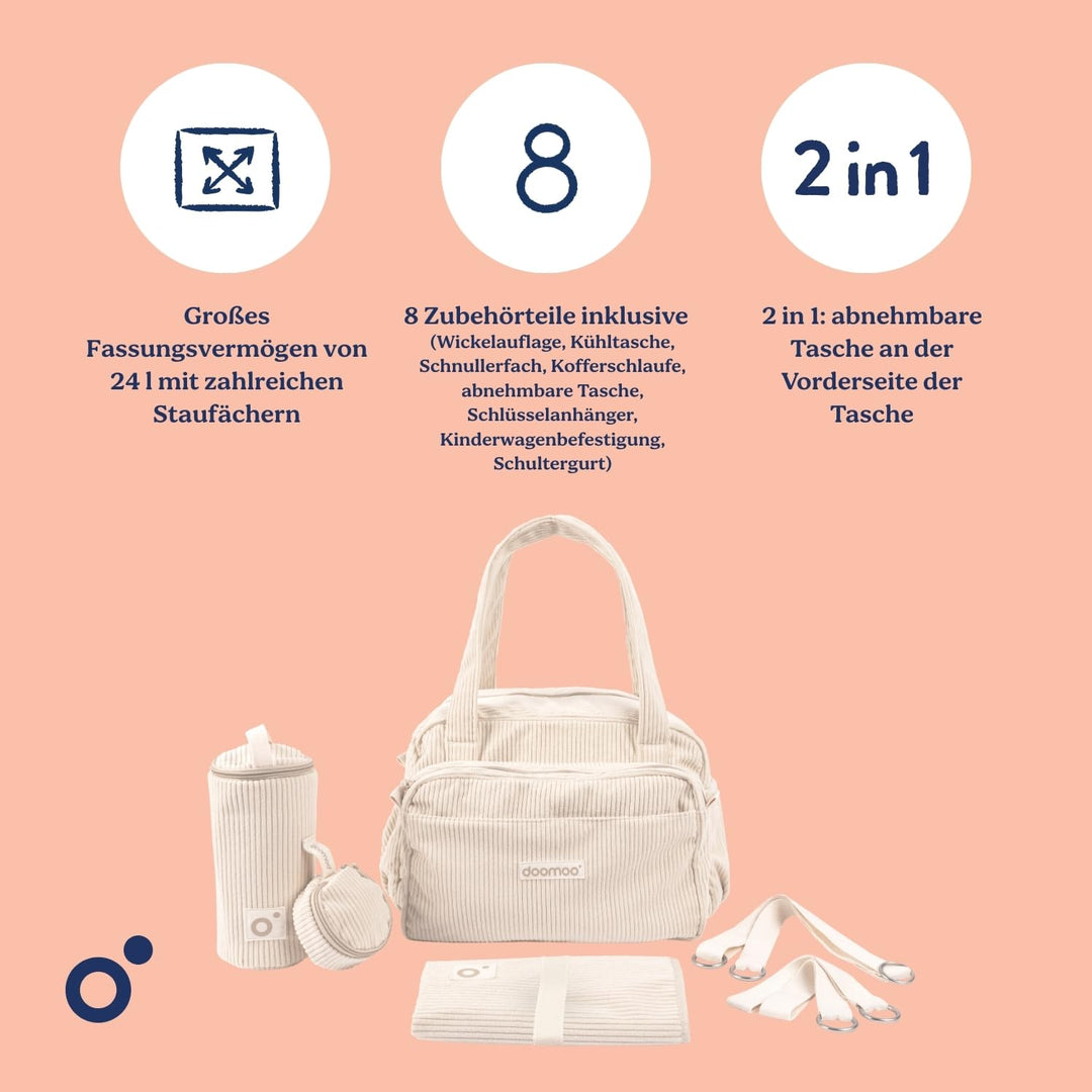 doomoo Wickeltasche Fluffy - 24l Kapazität, Abnehmbare Tasche, inkl. 8 Baby-Zubehörteile darunter Wi
