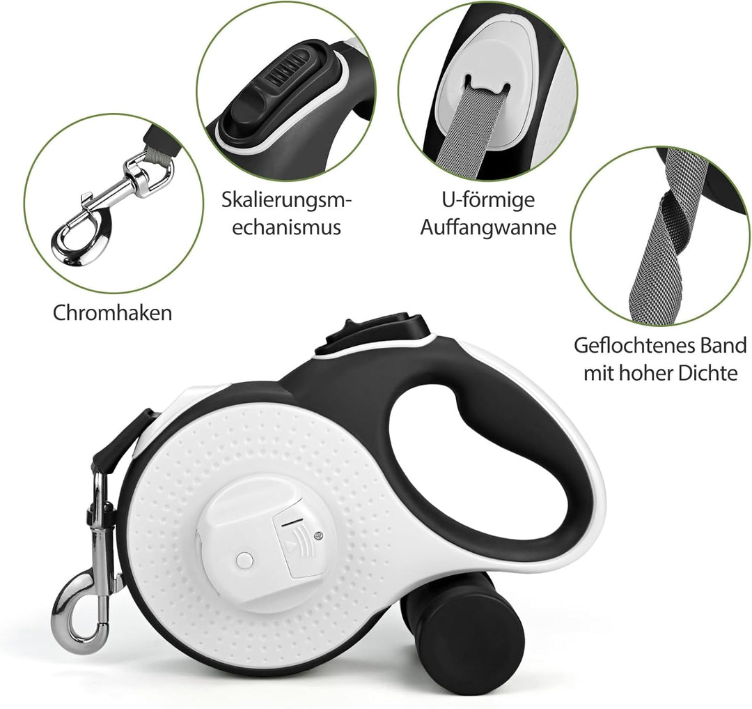 Hundeleine 8M - Hunde Leine Rollleine mit LED-Licht und Kottaschenhalter, Verknotungsfrei Leine, Sch
