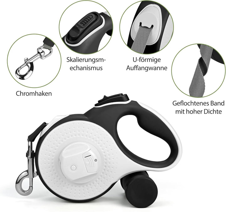 Hundeleine 8M - Hunde Leine Rollleine mit LED-Licht und Kottaschenhalter, Verknotungsfrei Leine, Sch