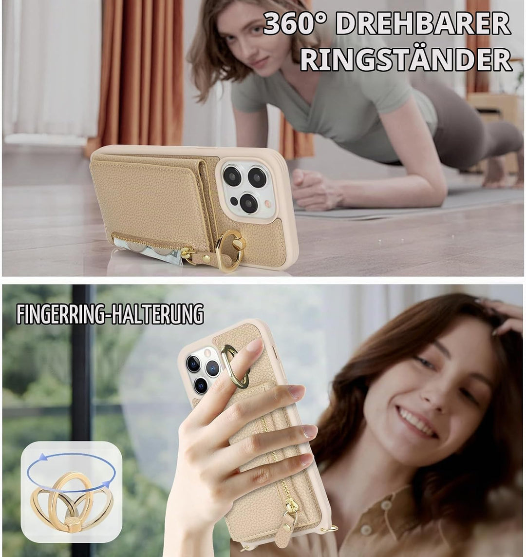 ELTEKER Handyhülle für iPhone 15 Pro Max Hülle mit Band Kartenfach Handykette Ringhalterung Geldbörs