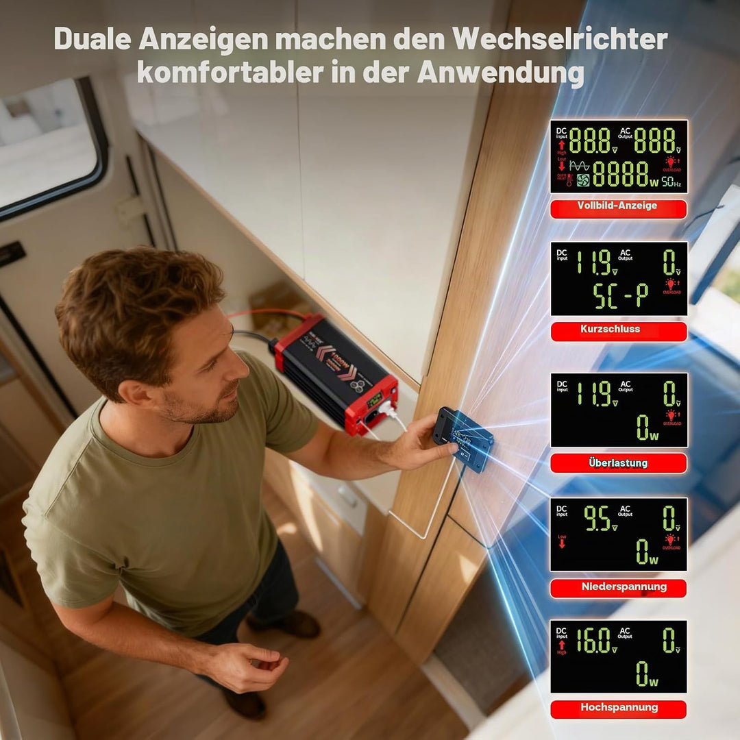 SUDOKEJI 1000W/2000W Wechselrichter Reiner Sinus Spannungswandler 12V auf 230V EU-Steckdose mit LCD