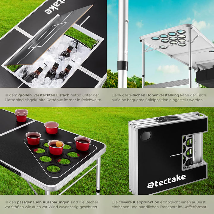 tectake® Bierpong Tisch, inkl. 100 Becher (50 rot & 50 blau) und 6 Bälle, mit Eisfach und Becherhalt