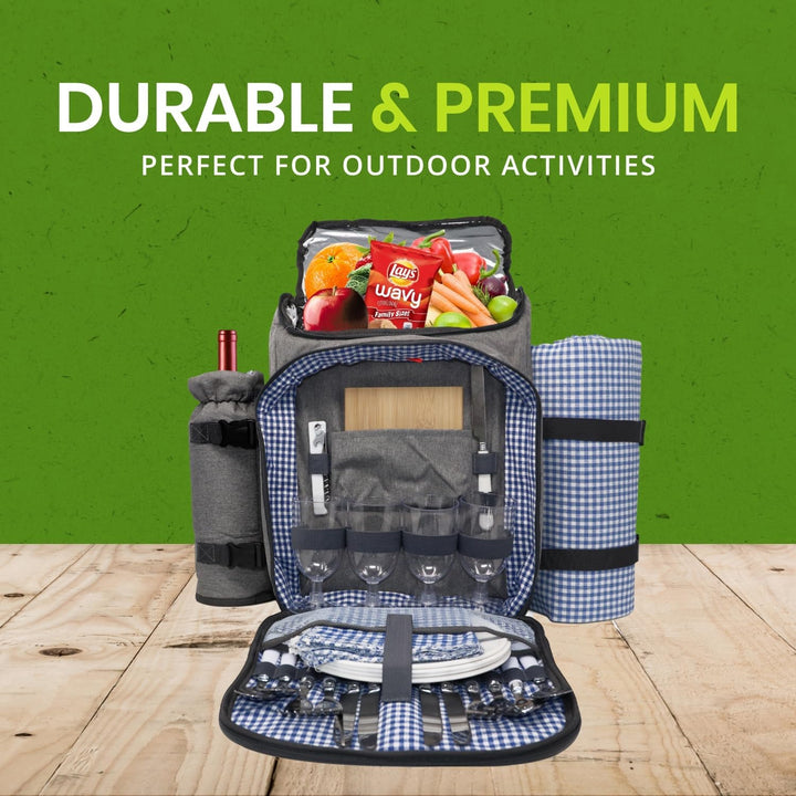 Nature Gear XL Picnic Backpack - Classic 4 Person Insulated Design - Waterproof Blanket and Full Cut