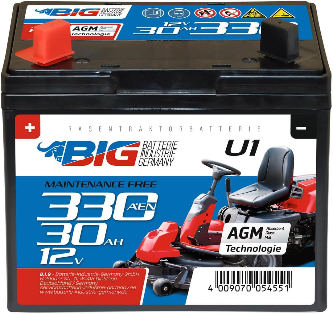 BIG U1 Garden Power Rasentraktor-Batterie 12V 30Ah 310A Starterbatterie für Aufsitzmäher wartungsfre