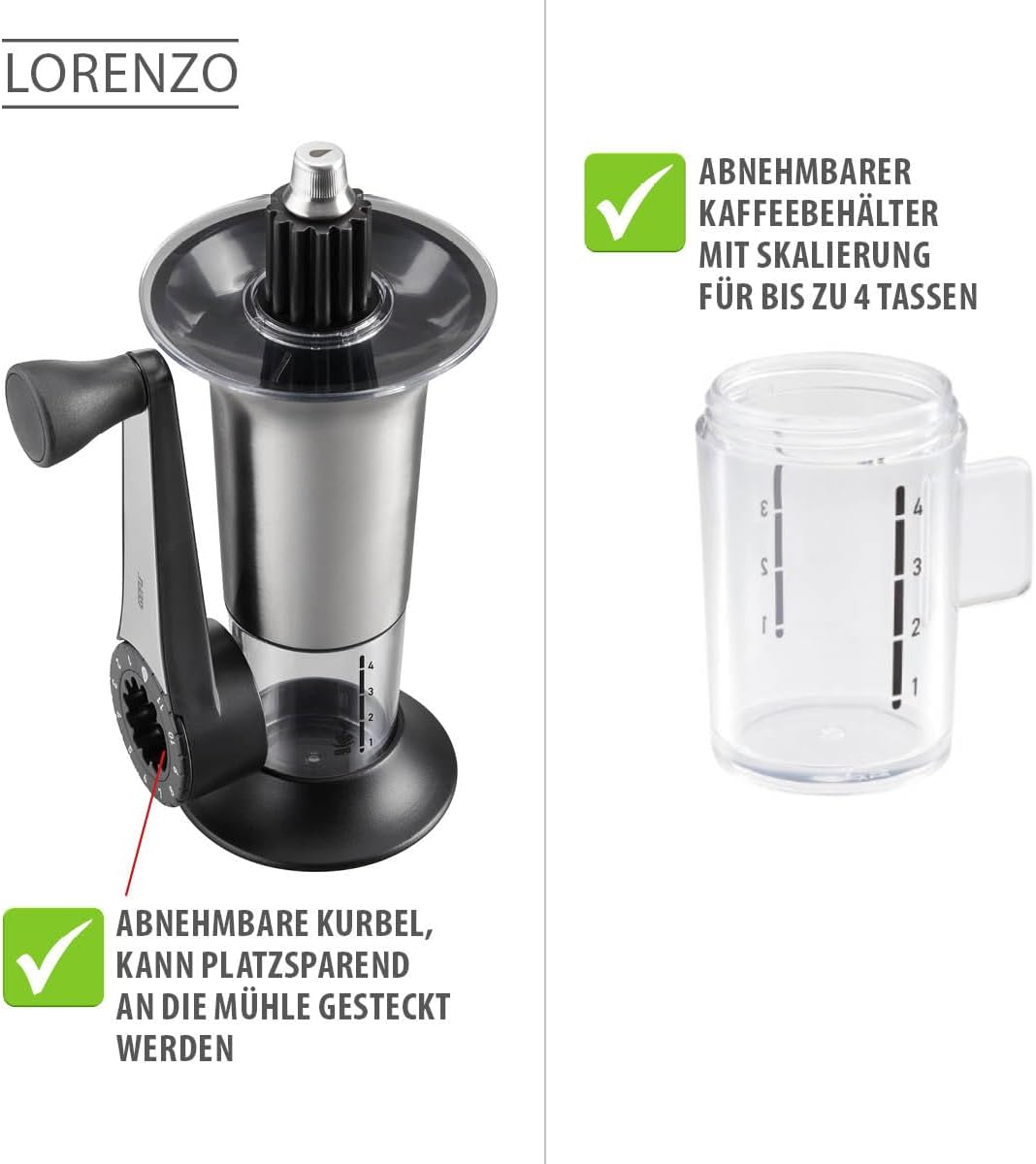 GEFU Kaffeemühle LORENZO | Manuelle Kaffeemühle mit Keramikmahlwerk, 11 Mahlstufen &amp; Aromadeckel | F