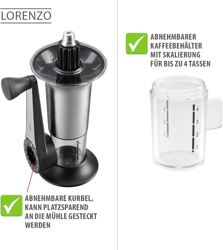 GEFU Kaffeemühle LORENZO | Manuelle Kaffeemühle mit Keramikmahlwerk, 11 Mahlstufen &amp; Aromadeckel | F