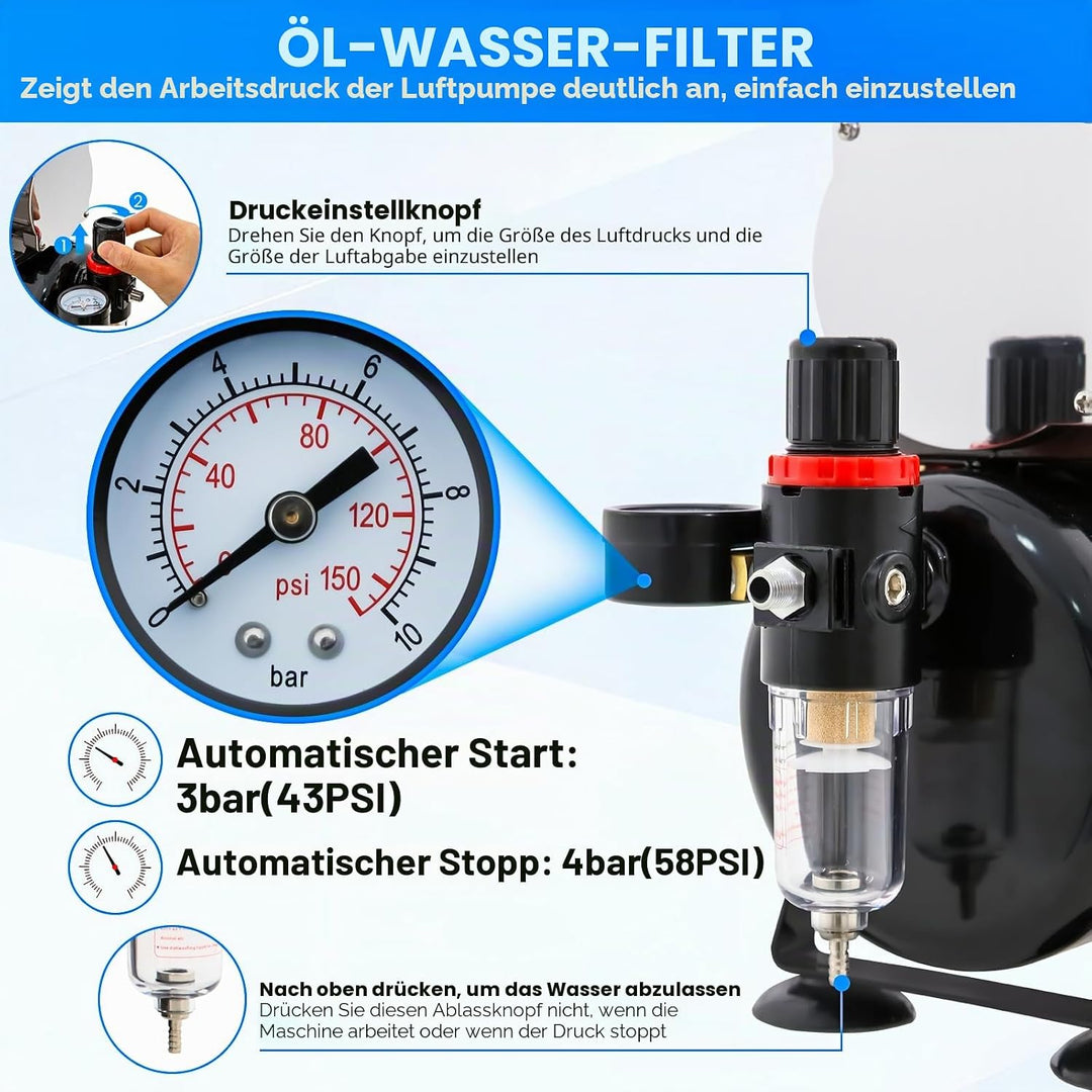 Airbrush Kompressor mit Lufttank, Mächtig Luftstrom und Luftdruck, Druckeinstellknopf, Geringeres Ra