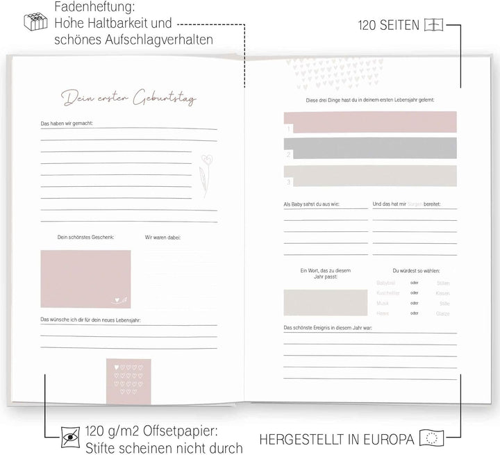 LEAF & GOLD® Babybuch zum eintragen I Erinnerungen vom Ersten bis zum 18. Jahr I Babytagebuch für Mä