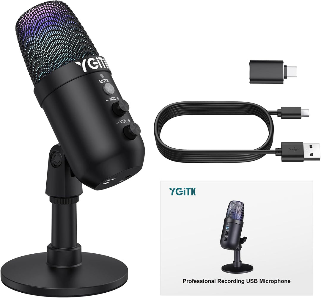 YGiTK USB-Kondensatormikrofon, Mikrofon für PS4 PS5 Gaming, Mikrofon mit Dynamisches RGB Effekt, Stu