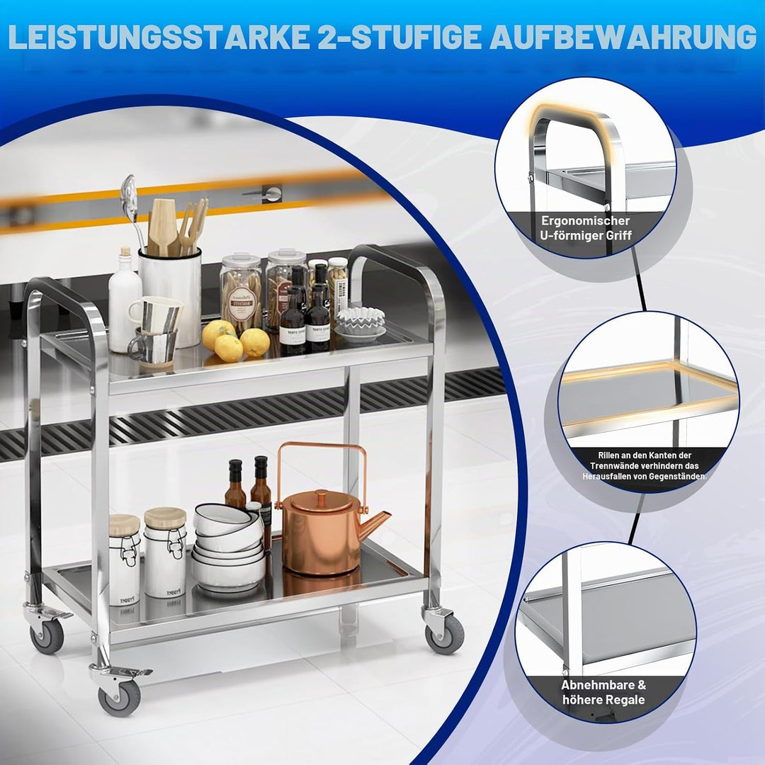 MOOTACO Servierwagen 2 Böden Küchenwagen Transportwagen Edelstahl mit 4 Rollen (2X bremsbar) für Res