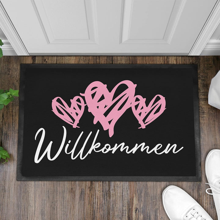 Trendation - Willkommen Herz Grafik Fussmatte Geschenk Schöne Fussmatte Aussen und Innenbereich 60x4
