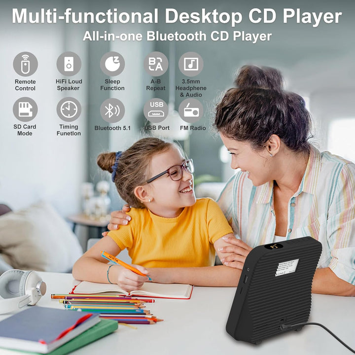Liphier Tragbarer CD-Player mit HiFi-Lautsprechern für Desktop Multifunktionaler CD-Player Build in