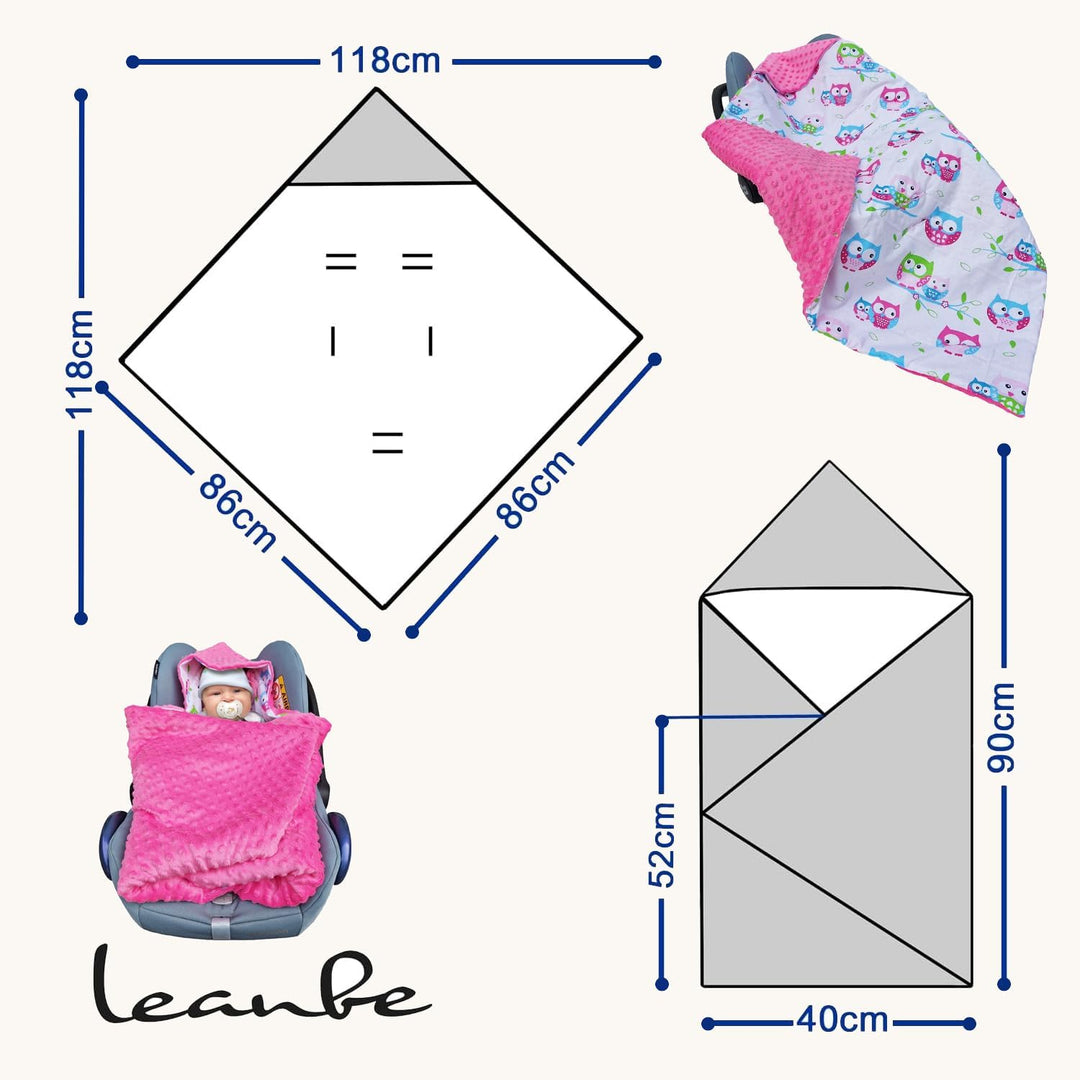 Baby Einschlagdecke Doppelseitig 86x86 cm Minky-Plüsch für Kinderwagen und Babybett (Rosa Minky-Eule