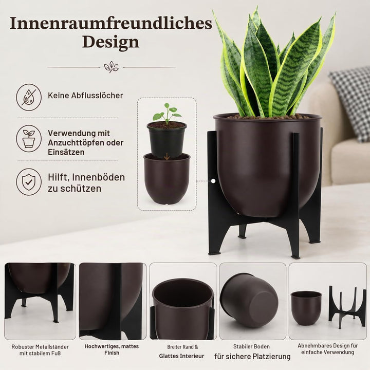 TRIROCKS 2er Set Blumentöpfe mit Metallständer 28/22cm Modern Indoor & Outdoor Pflanzgefässe für Woh