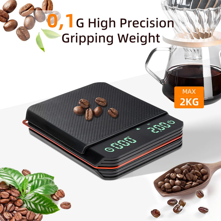 Carehabi Küchenwaage Digital mit Timer 0,1g Hochpräzisions Espressowaage 2KG Mini Kaffeewaage mit Si
