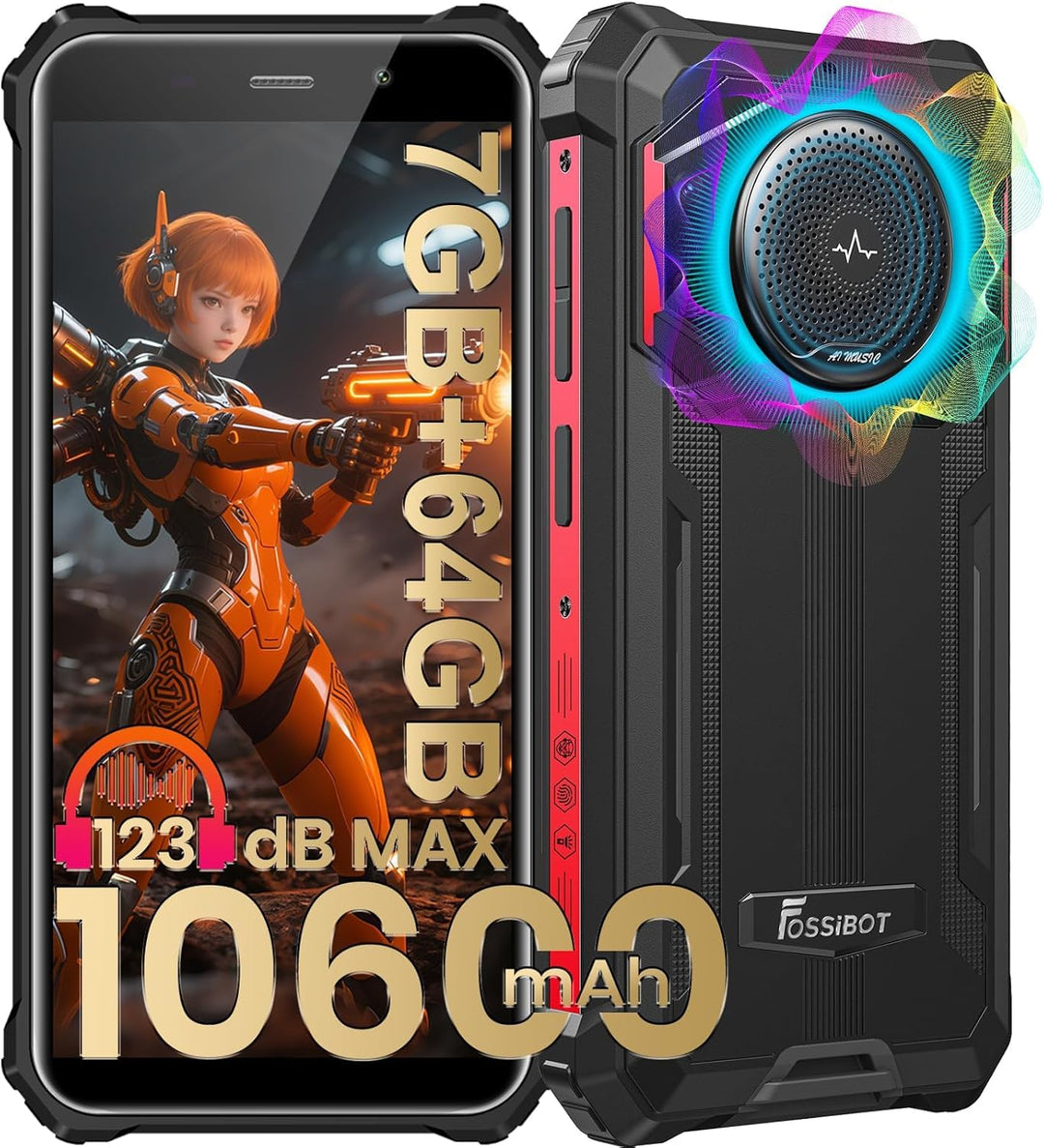 FOSSiBOT F101P 10600mAh Outdoor Smartphone ohne Vertrag,123-dB Lautsprecher Outdoor Handy, 7 GB+64 G