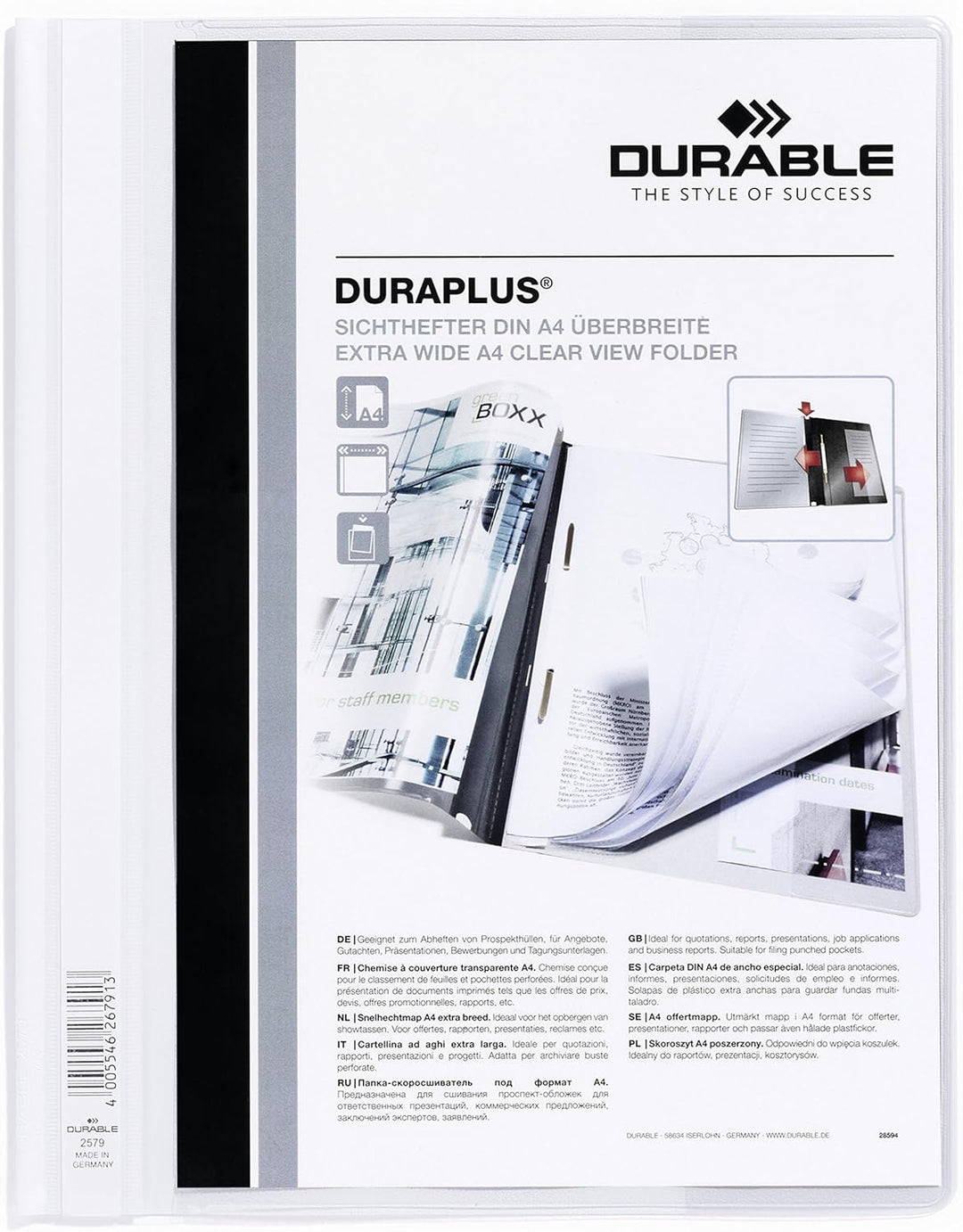 Durable Angebotshefter Duraplus mit Sichttasche für A4, weiss, 25er Packung, 257902, weiss