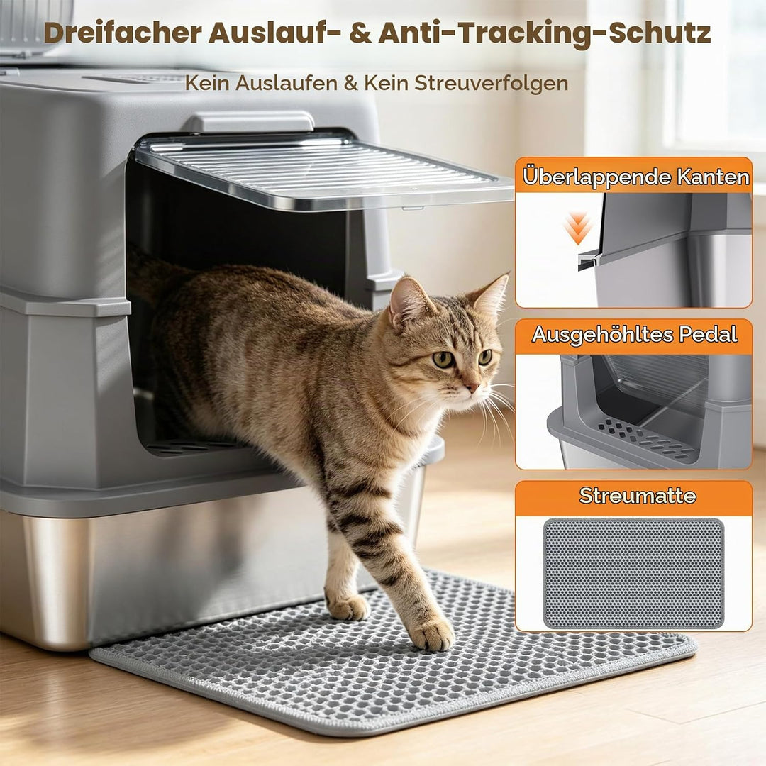 Edelstahl-Katzentoilette mit Deckel – hohe Seitenwände, geschlossene Metallwanne, Kratzfest &amp; urindi