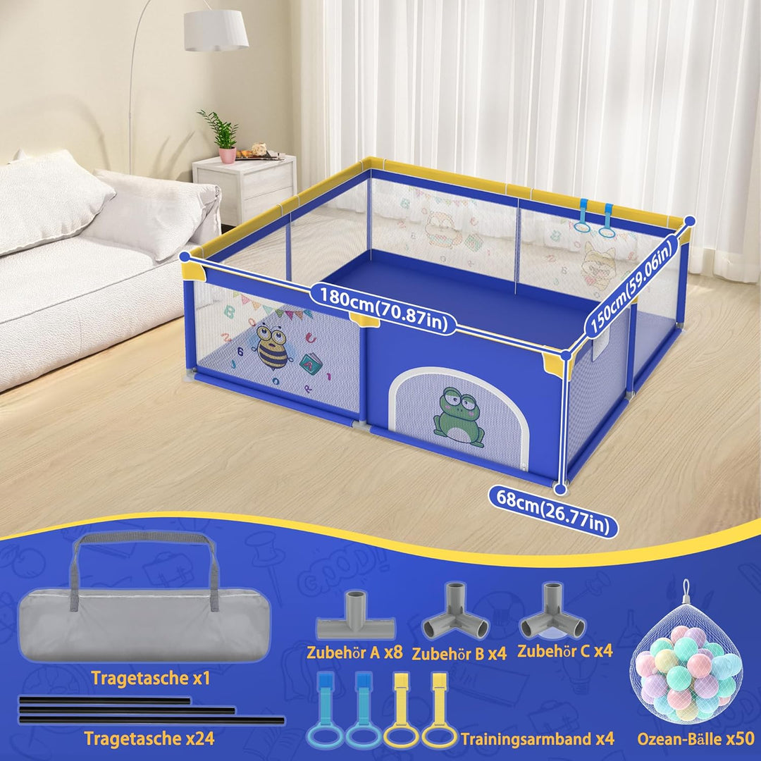 UISEBRT Laufstall Baby 150x180cmLaufgitter für Baby mit 50 Ocean Bällen &amp; 4 Zugringen &amp; Tragetasche,