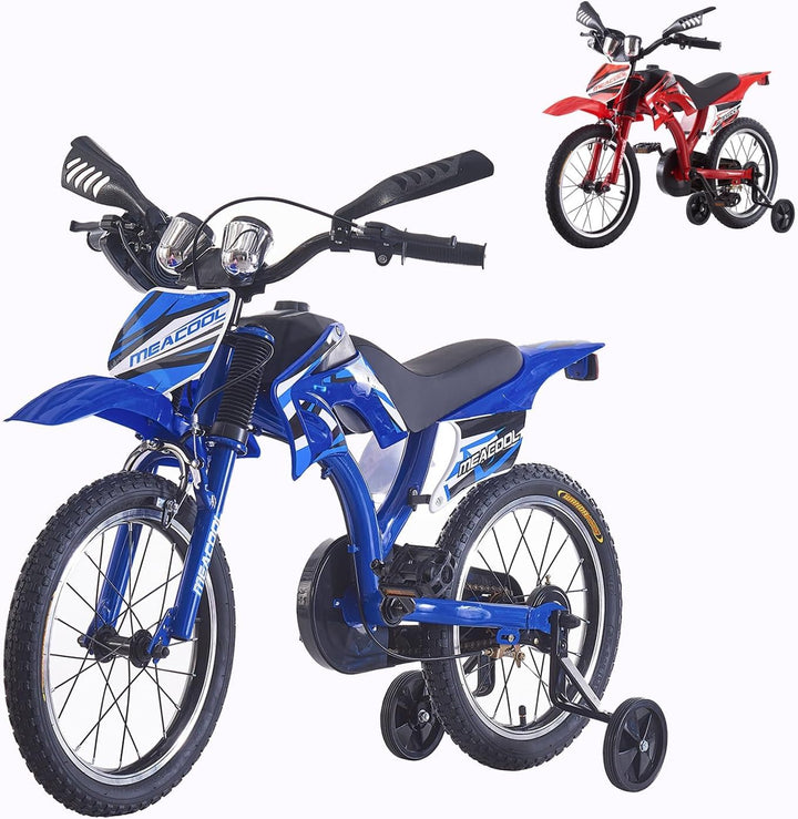 LSLIFE Motorrad-Stil Kinderfahrrad, 16/18 Zoll Fahrrad mit abnehmbaren Stützrädern, Stabil Sicher Ei