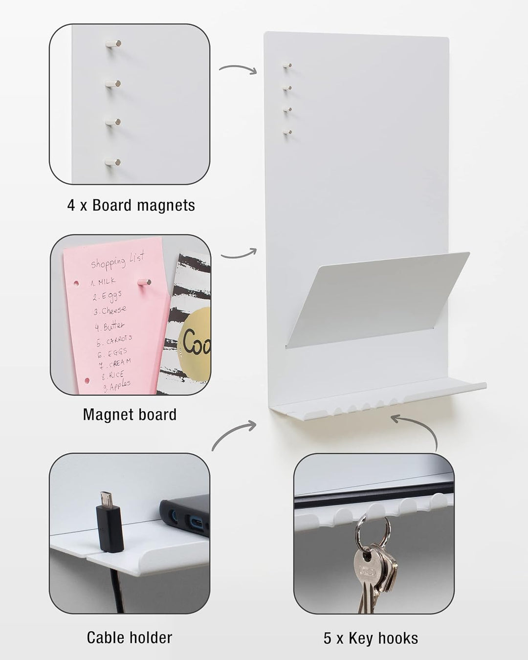 byde Wandorganizer Heke aus Stahlstruktur. 30 x 9 x 49 cm 3-in-1 Wandregal mit Magnettafel und Magne