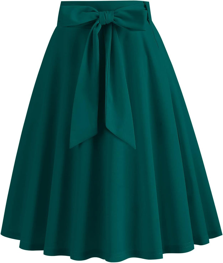 Odizli Rock Damen Knielang Elegant 50er Jahre Vintage A Linie Swing Faltenrock mit Gürtel XXL Grün,