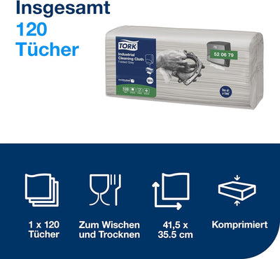 Tork Gefaltete Industrie Reinigungstücher Grau W4, flexibel und weich, 1 × 120 Tücher, 520679