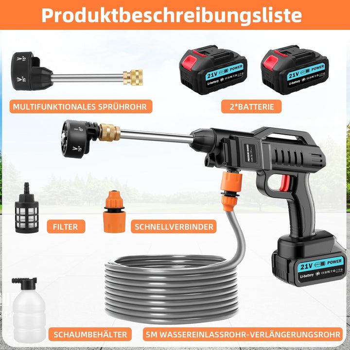 Akku Hochdruckreiniger, 21V, 100 bar, tragbarer Druck mit 2 x 3000 mah Lithium-Akku, 6-in-1-Düse, 5