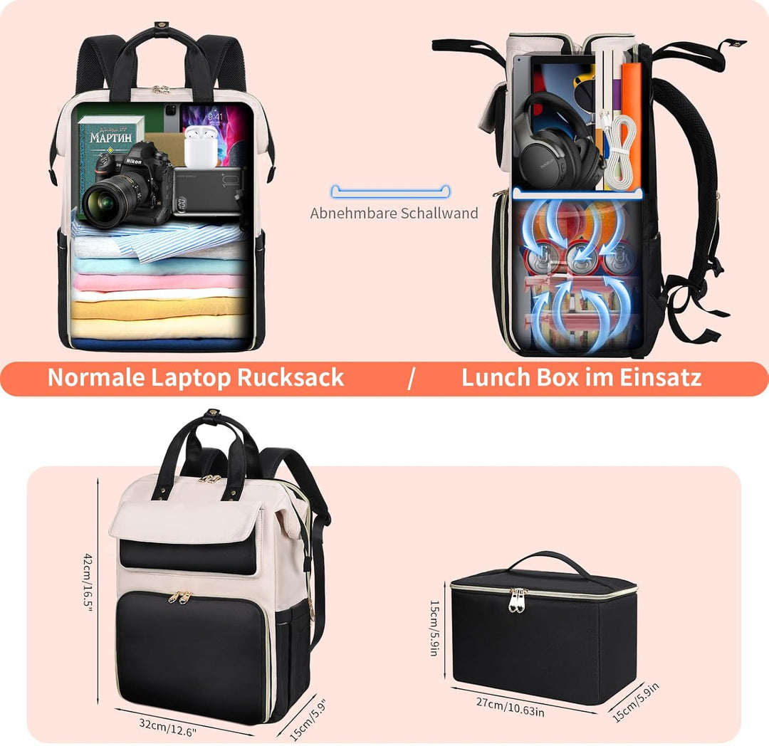 BERTASCHE Lunch Rucksack, Laptop Rucksack Damen 17,3 Zoll mit Isoliertes Kühltasche, 2-in-1-Arbeitsr