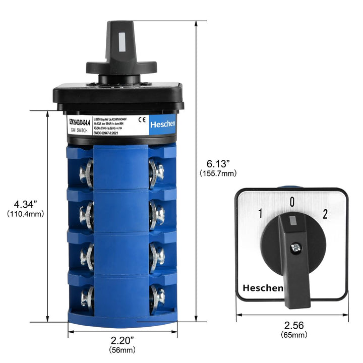 Heschen Universal Drehschalter SZW26-63/D404.4 660V 63A ON-OFF-ON 3 Positionen 4 Phasen 4NO+4NC 16 K