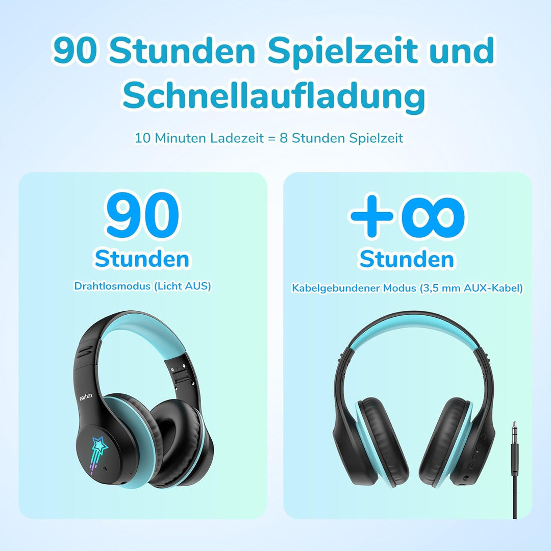 EarFun Bluetooth Kopfhörer Kinder, 5 LED-Beleuchtungsmodi, 74/85/94 dBA Lautstärkebegrenzung, 90 Std